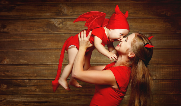 Wearing Halloween costume mother and child Stock Photo 06