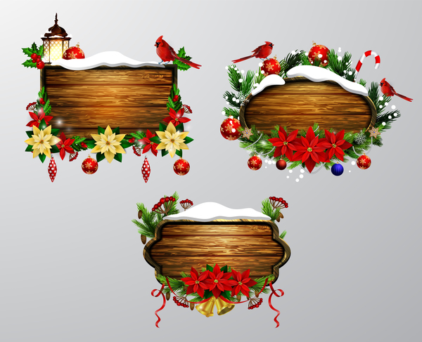 Wooden christmas lables design vector 02