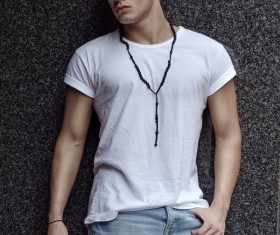 Young man in white short sleeve Stock Photo