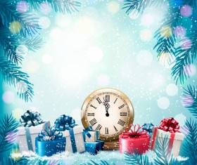 blue holiday background with chistmas branch and gift boxes vector