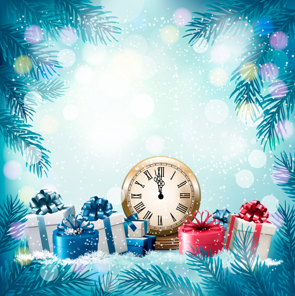 blue holiday background with chistmas branch and gift boxes vector