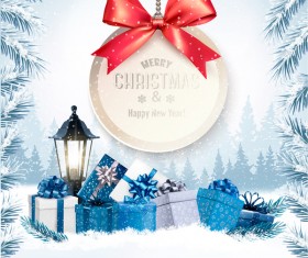 christmas background with christmas presents and gift card vector