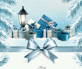 christmas background with colorful boxes and blue bow vector