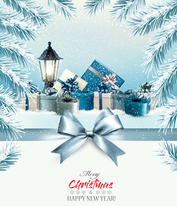 christmas background with colorful boxes and blue bow vector