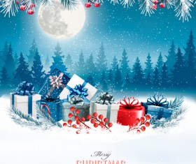 christmas background with colorful gift boxes and landscare vector