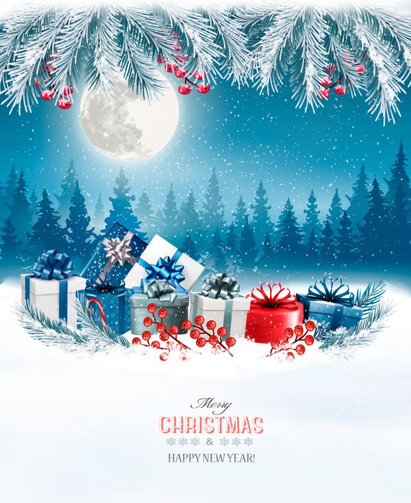 christmas background with colorful gift boxes and landscare vector