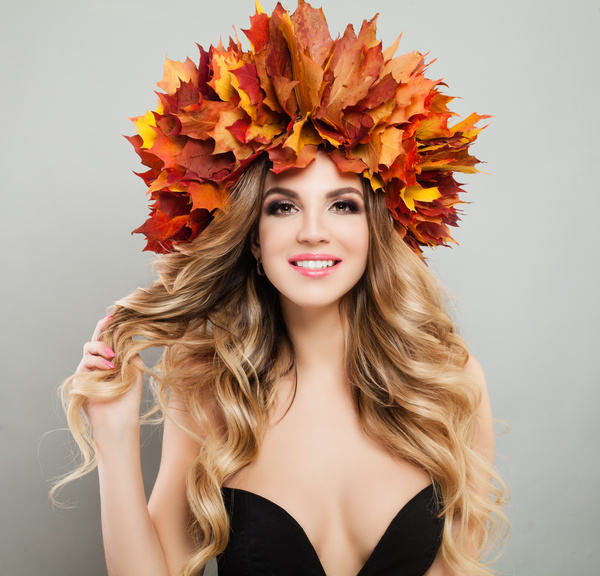 girl wearing red maple leaf wreath Stock Photo 03