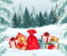 holiday background with christmas branch of tree and presents vector