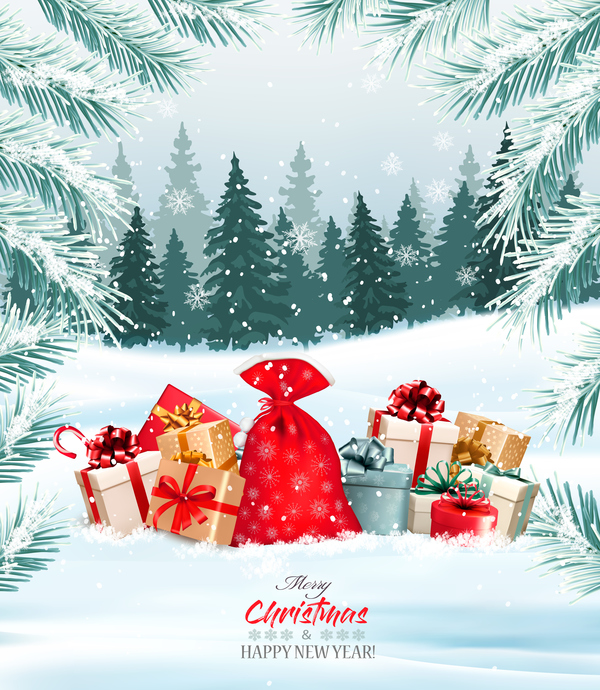 holiday background with christmas branch of tree and presents vector