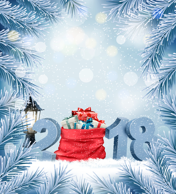holiday christmas background with red sack and 2018 vector