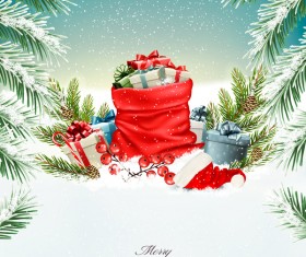 holiday christmas background with red sack fulll gift boxes vector