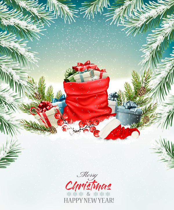 holiday christmas background with red sack fulll gift boxes vector