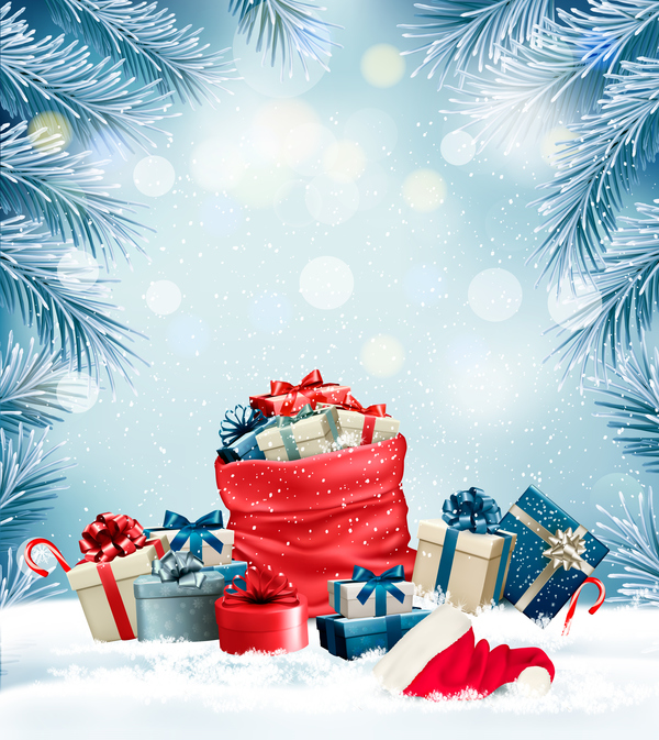 holiday christmas background with sack and presents vector