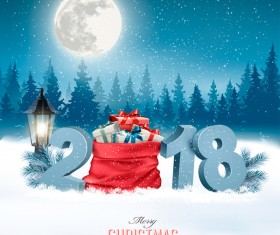 holiday christmas background with sack full of gift boxes and 2018 vector
