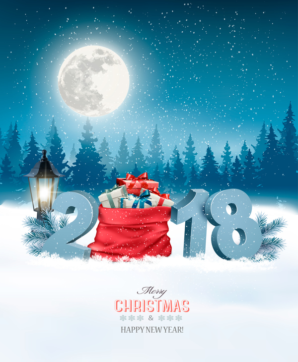 holiday christmas background with sack full of gift boxes and 2018 vector