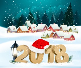 new year holiday background with village and 2018 vector
