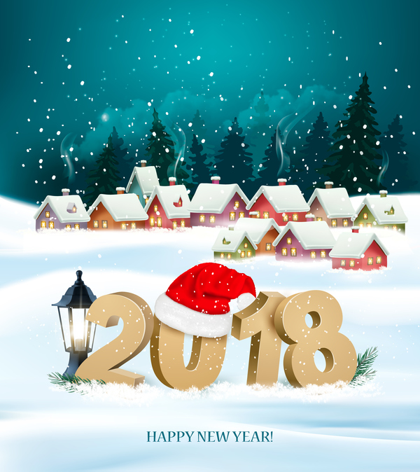 new year holiday background with village and 2018 vector