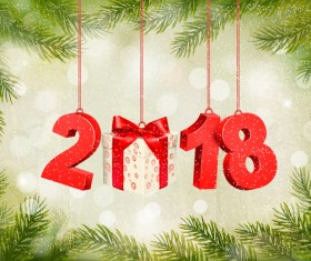 old christmas background with green tree and red 2018 vector