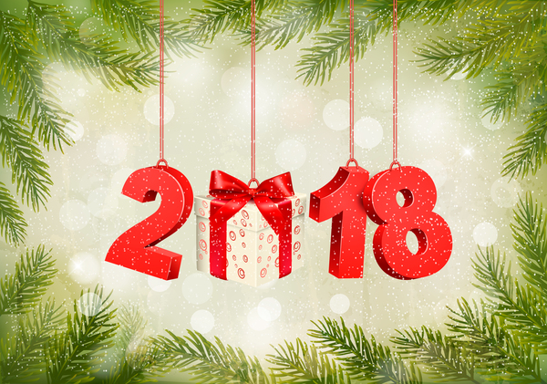 old christmas background with green tree and red 2018 vector
