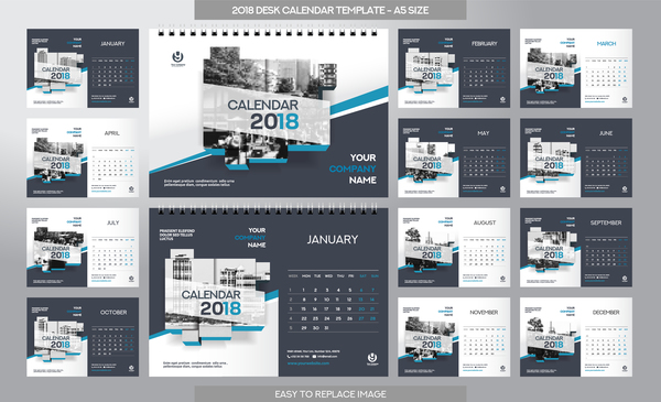 2018 desk calendar template set vector 03