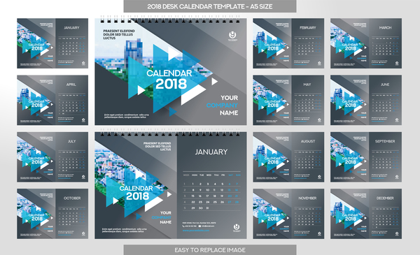 2018 desk calendar template set vector 07
