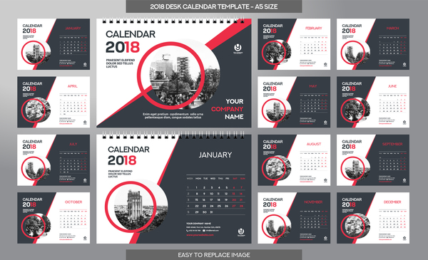 2018 desk calendar template set vector 08