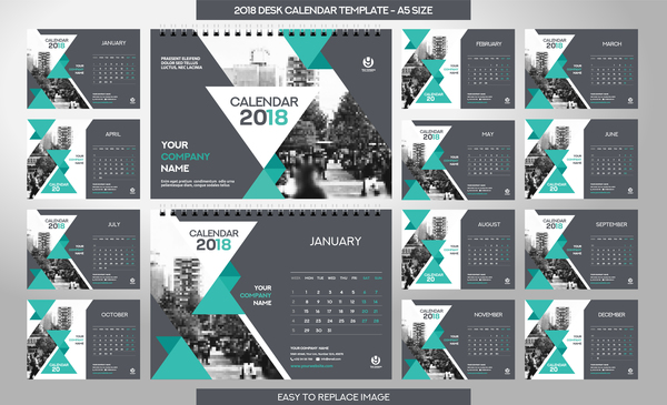 2018 desk calendar template set vector 12