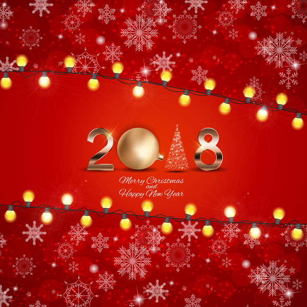 2018 new year and christmas red background with snowflake light bulb vector