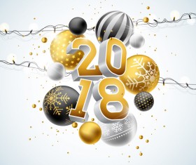 2018 new year background with decor balls and light bulb vector