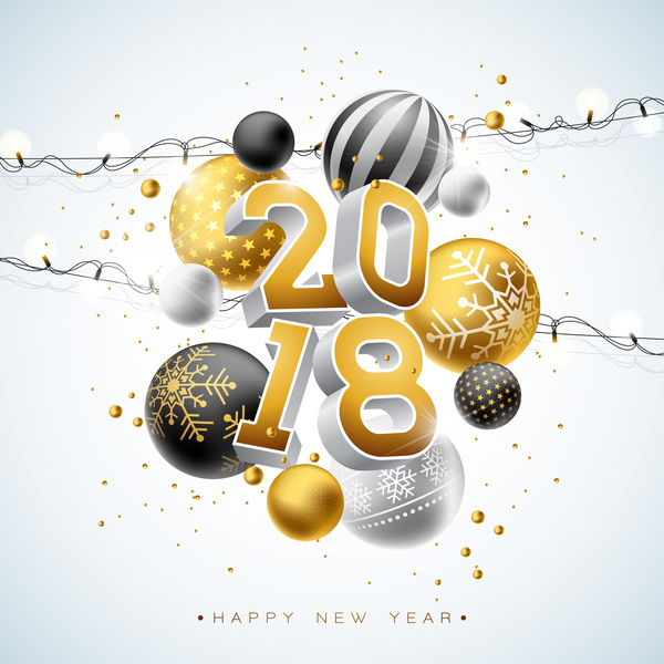 2018 new year background with decor balls and light bulb vector