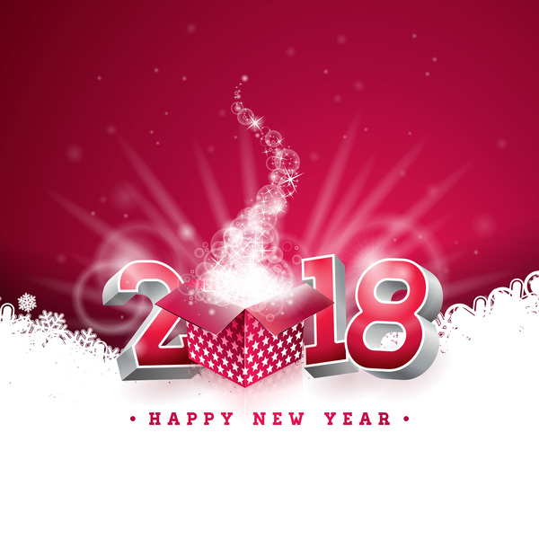 2018 new year card with shiny gift box vector