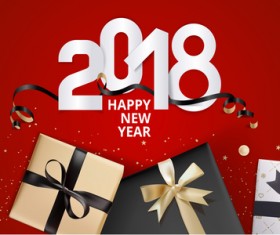 2018 new year gift box with red background vector 02