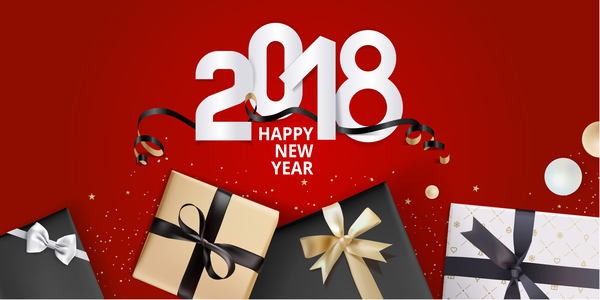 2018 new year gift box with red background vector 02