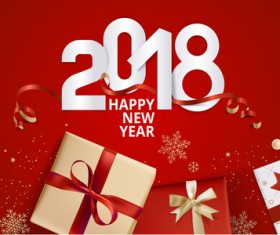2018 new year gift box with red background vector 03