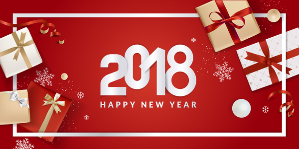 2018 new year gift box with red background vector 05