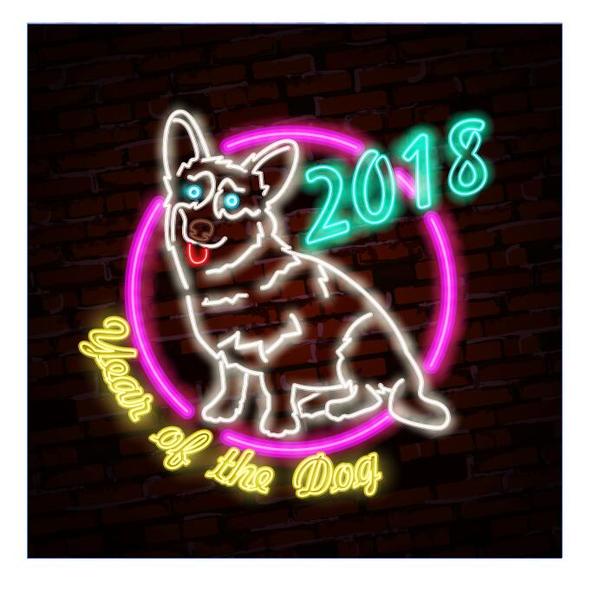 2018 new year neon sign with dog vector