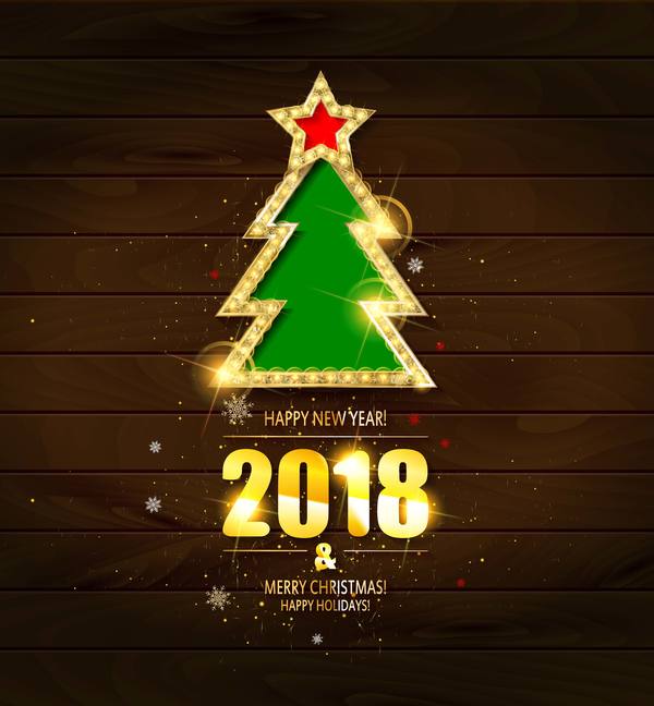 2018 new year with christmas golden wooden background vector