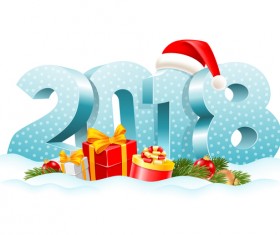3D 2018 text with christmas gift and hat vector