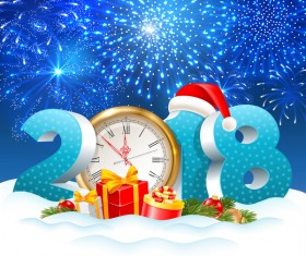 3D 2018 text with clock and blue christmas background vector