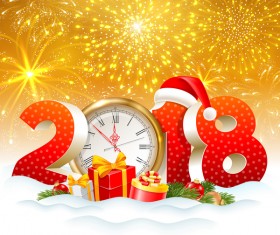 3D 2018 text with clock and golden christmas background vector