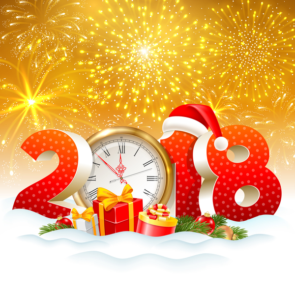 3D 2018 text with clock and golden christmas background vector