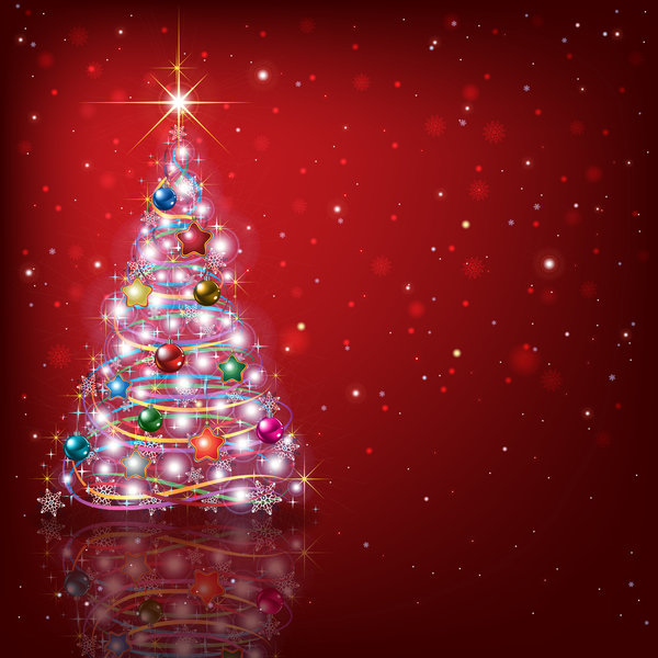 Abstract red background with Christmas tree and decorations vector free  download