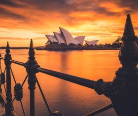 Beautiful famous architecture on sea at dusk Stock Photo