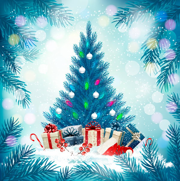 Blue holiday background with christmas tree vector