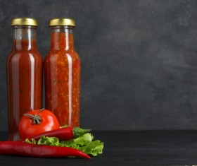 Bottled chili sauce with tomato sauce Stock Photo