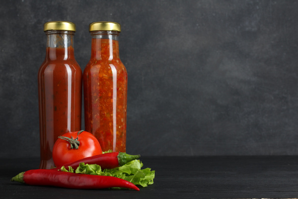 Bottled chili sauce with tomato sauce Stock Photo
