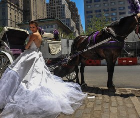 Bride standing by the carriage Stock Photo