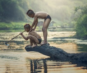 Catch fish happy children Stock Photo 01