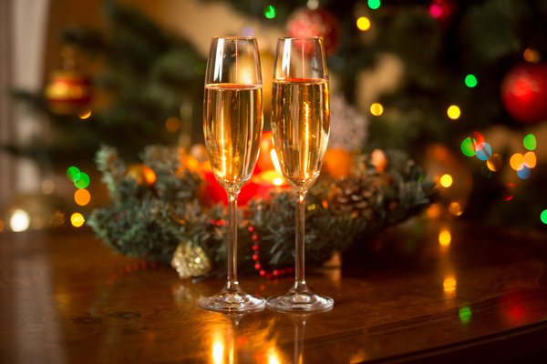 Champagne on Christmas night table Stock Photo