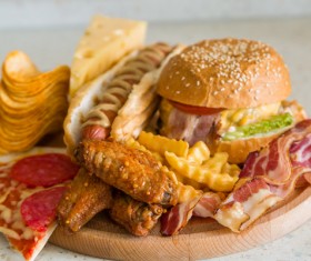 Cheese hamburger fast-food fried chicken and potato chips Stock Photo